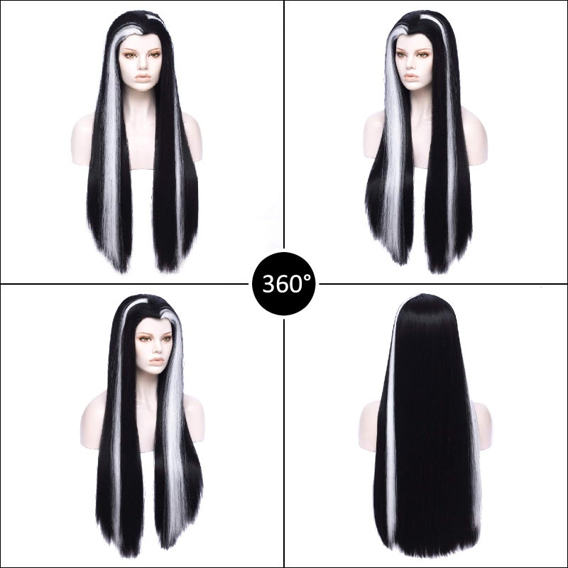MORTICIA Long Straight Black and White Mixed Widow Peak Design Women Costume Wig - Image 5